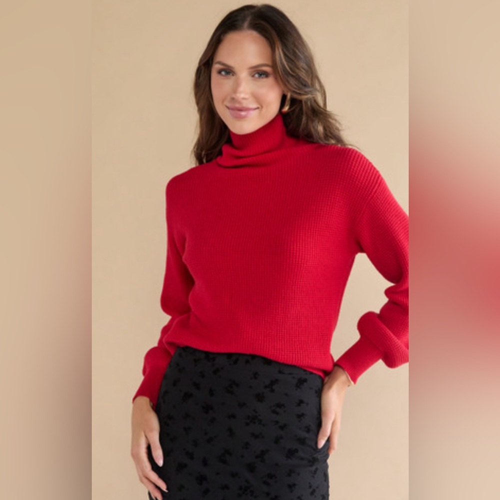 Francesca's NWT Elaine‎ Balloon Sleeve Turtleneck Rib Knit Pullover - Red